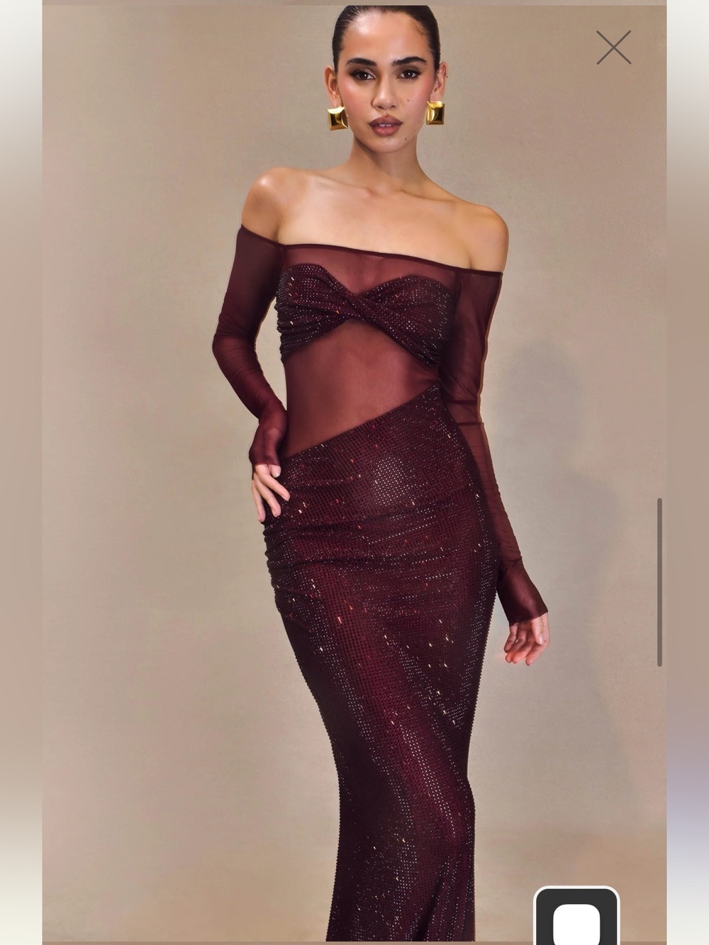 Meshki NASH Diamante Off Shoulder Maxi Dress in Mahogany Red